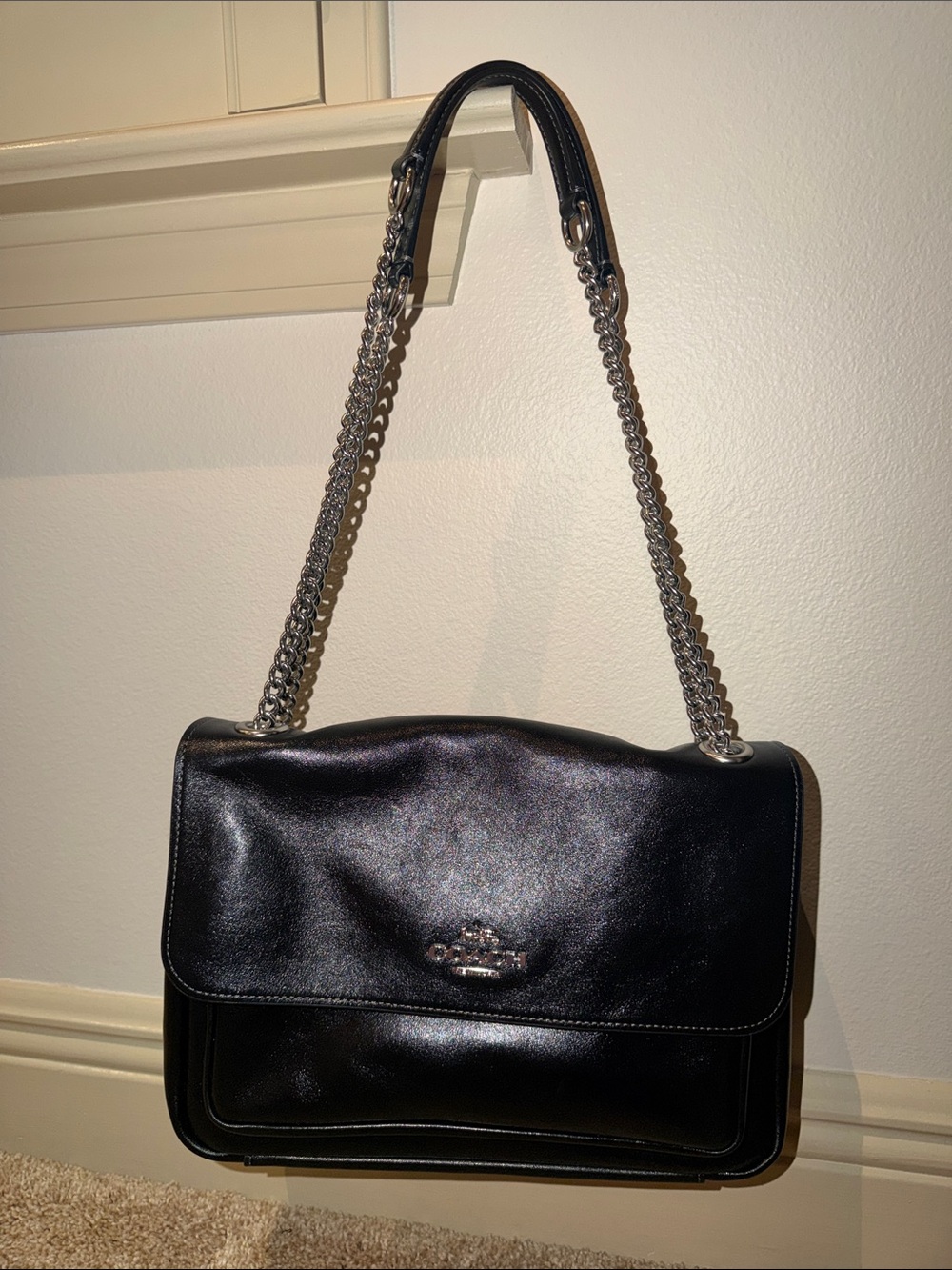 Coach Black Leather Elodie Shoulder or crossbody Bag with Silver Chain Strap